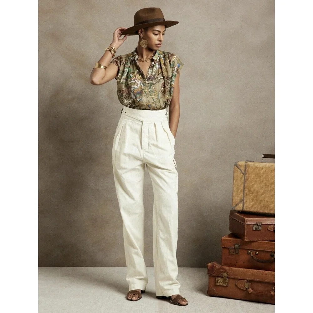 Banana Republic Heritage Explorer Pants Cream White‎ 14 High Rise Pleated Linen
